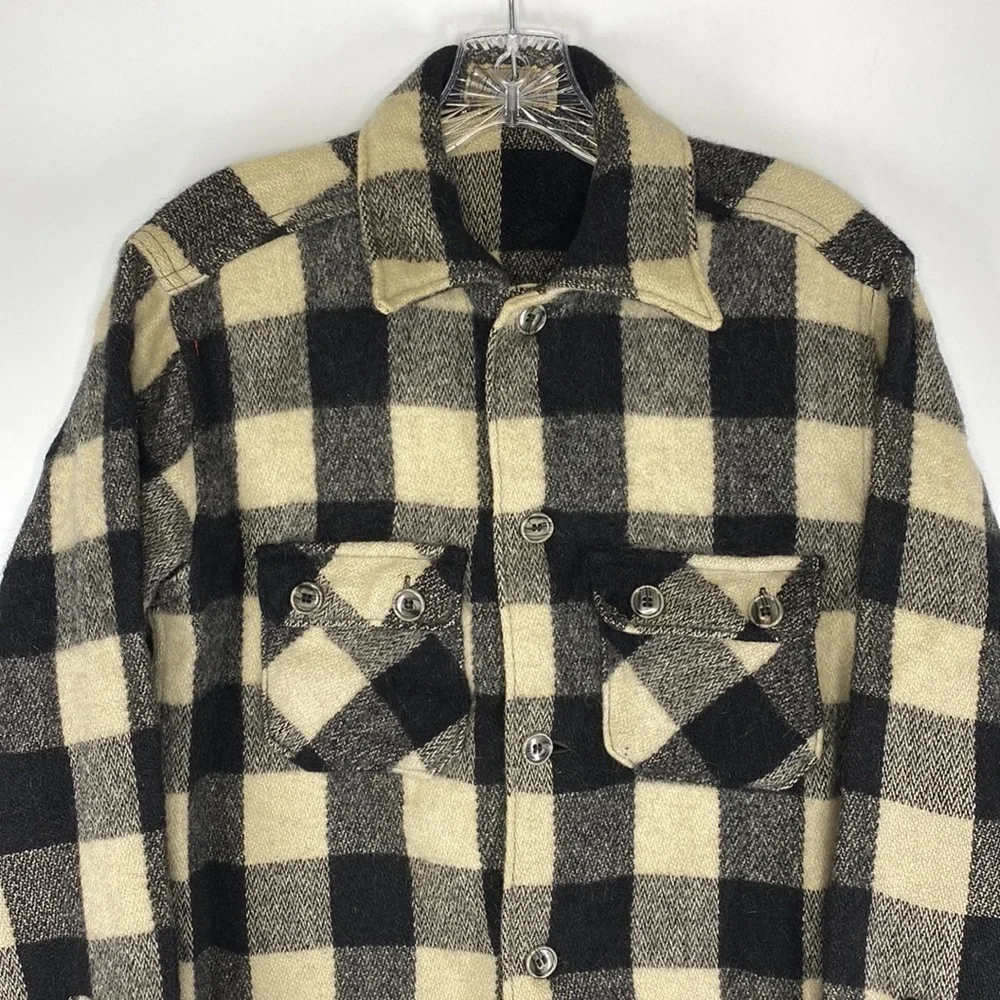 Vintage Jim Penney Sportwear Wool Button Up Shirt Jacket Black White Rare